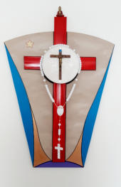 Uitvoering : Acryl op hout + rozenkrans, Afmeting : 85 x 60 cm